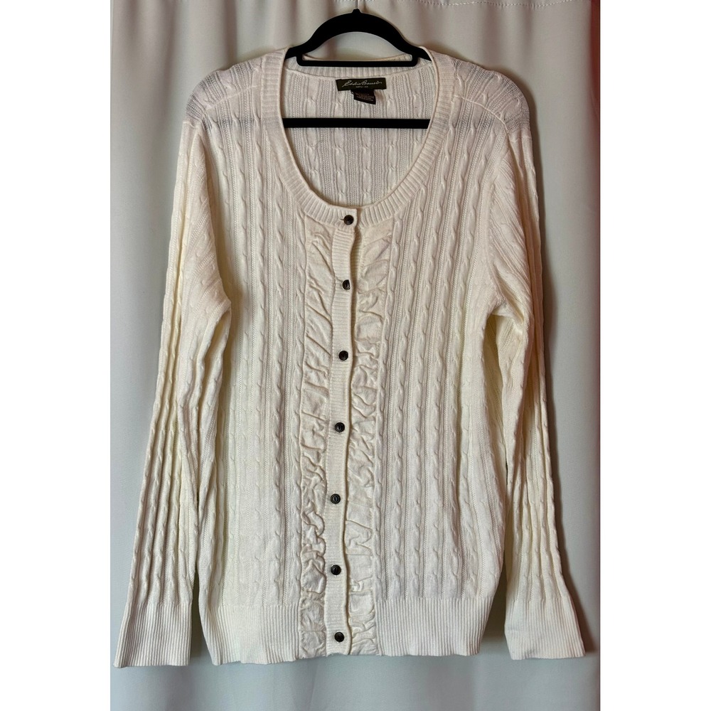 Eddie Bauer Cream Cable Knit Ruffle Button Front Cardigan Sweater XXL Womens